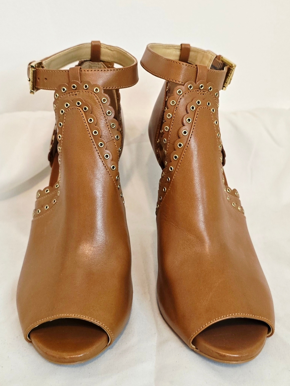 Michael Kors Leather Peep Toe Heels Brown Studded Ankle Strap Stiletto Size 8.5 - Picture 3 of 7